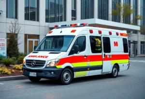 Ambulance ready for emergency service outside a hospital