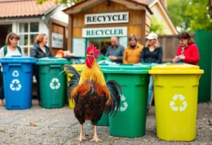 Two colorful roosters at the recycling center in York County