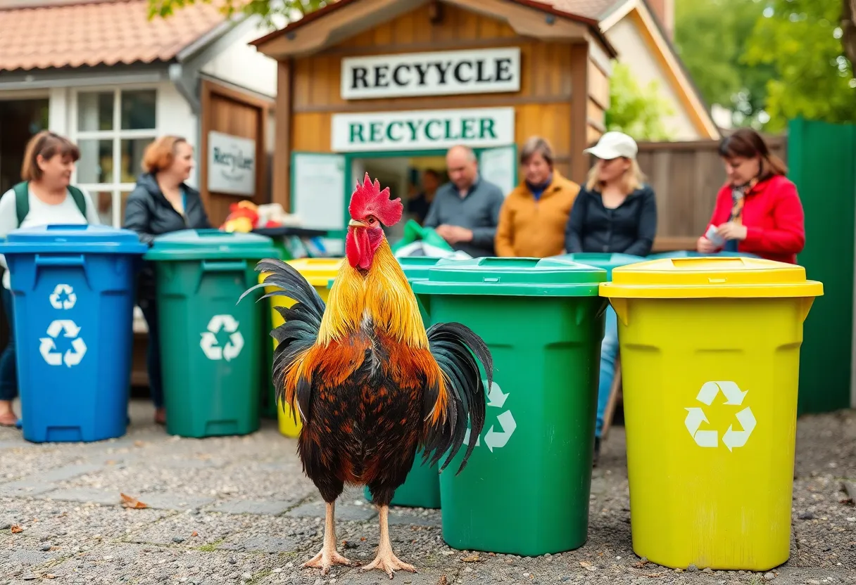 Two colorful roosters at the recycling center in York County