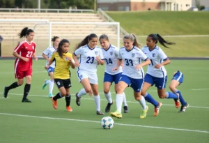 High school soccer players in action on the field