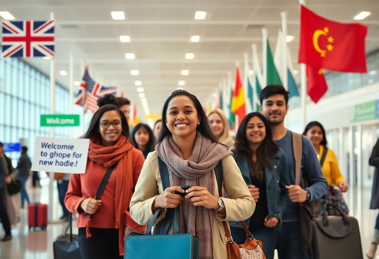 Group of refugees arriving at the airport
