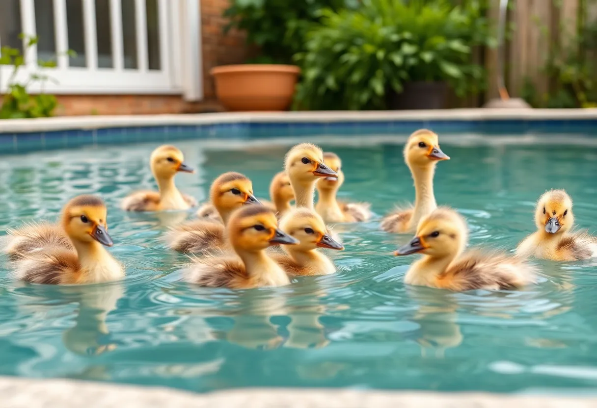 A group of baby ducks swimming in a pool.