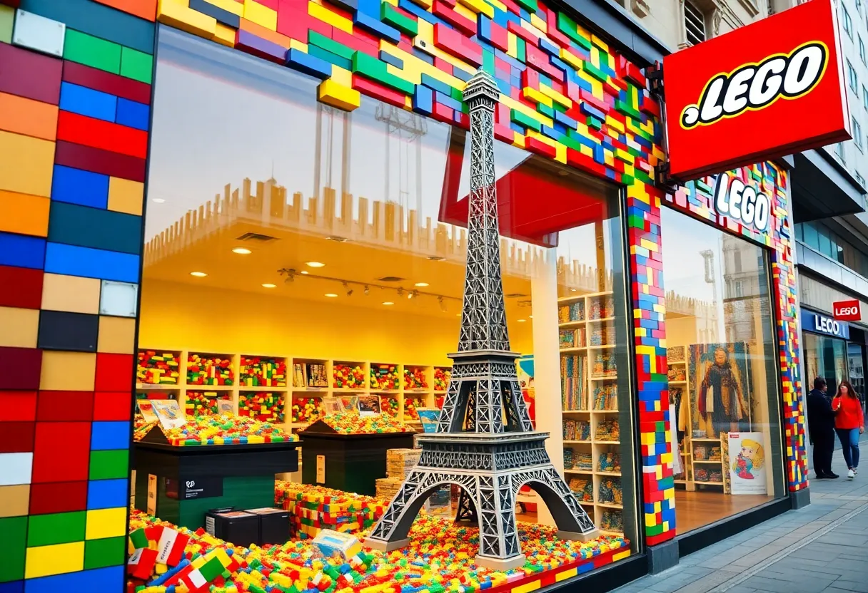 Exterior view of Bricks and Minifigs LEGO Store with Eiffel Tower replica