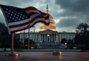 Symbolic representation of justice with the Capitol building in the background