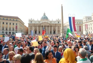Joyful crowd in St. Peter's Square celebrating Pope Leo XIV's election.