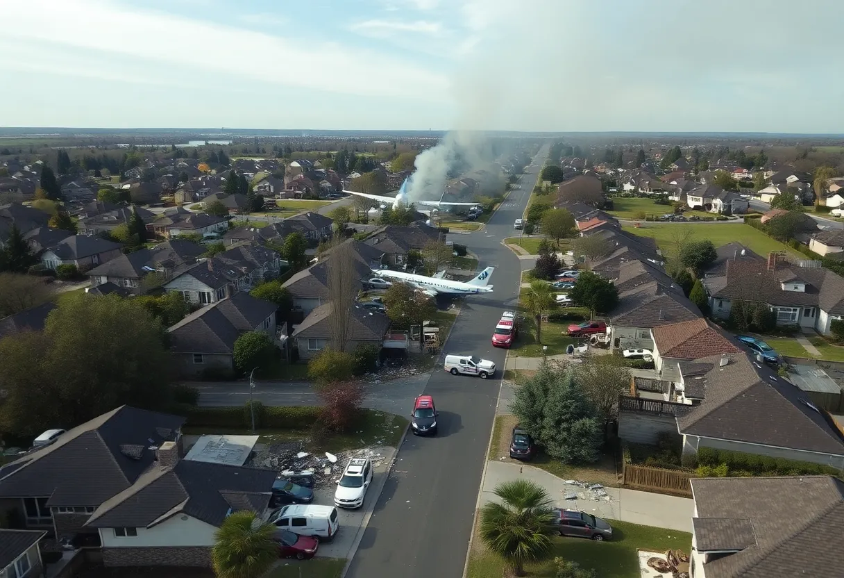 Debris and emergency response at the site of a Cessna aircraft crash in a San Diego neighborhood