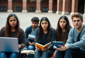 A group of students in a courtyard looking worried about their academic future.