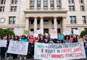 Community members gather to advocate for justice in front of a government building.