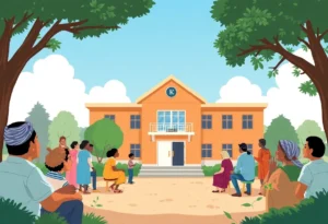 Community members discussing child safety outside a school