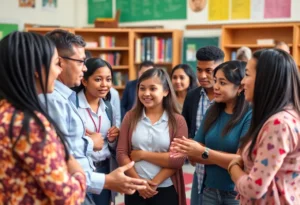 School staff and community members engaging in discussion about education.