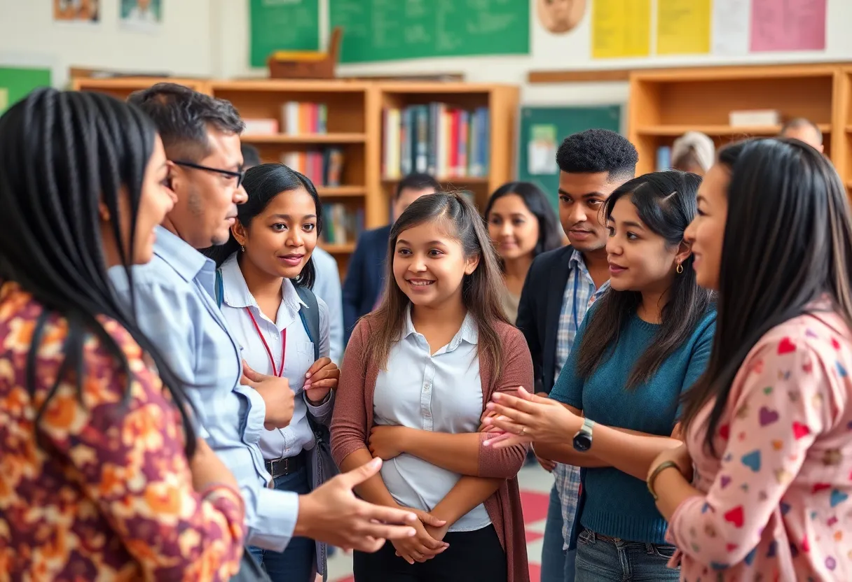 School staff and community members engaging in discussion about education.