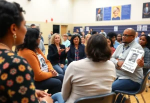 Community meeting supporting principal Moton with posters