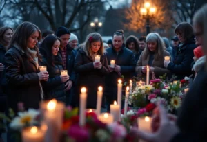 Candles and flowers during a community vigil for a homicide victim
