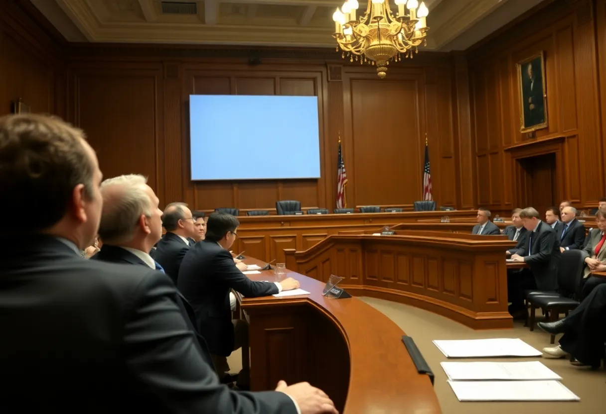 Courtroom scene representing a lawsuit regarding mifepristone