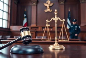 A courtroom setting symbolizing justice with a gavel and scales.
