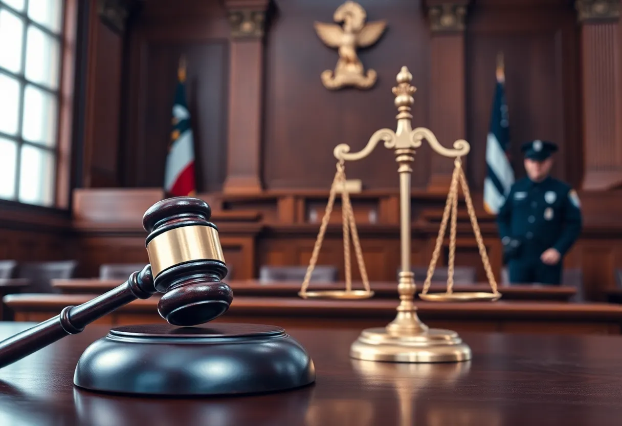 Courtroom with gavel and legal documents