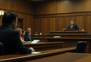 Courtroom scene depicting legal proceedings related to child exploitation