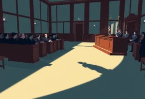 A courtroom with a jury table showing deliberation regarding police accountability.