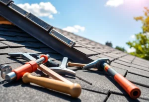 A collection of essential DIY roofing tools laid out on a surface.