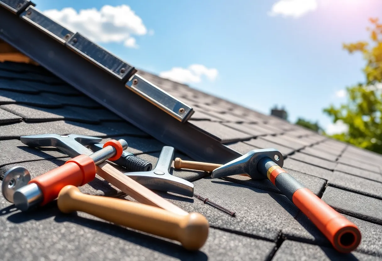 A collection of essential DIY roofing tools laid out on a surface.