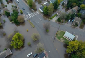 Aerial view of flooded streets and vehicles in Western Maryland