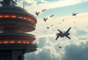 Conceptual image of the Golden Dome missile defense system intercepting missiles