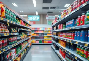 A grocery store aisle filled with healthy food, emphasizing the shift in SNAP nutrition policies.