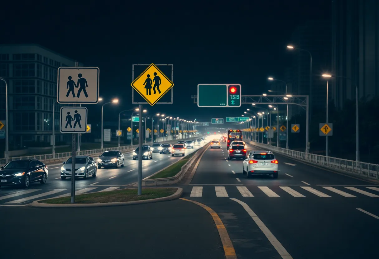 Nighttime view of a highway with vehicles and pedestrian safety signs.