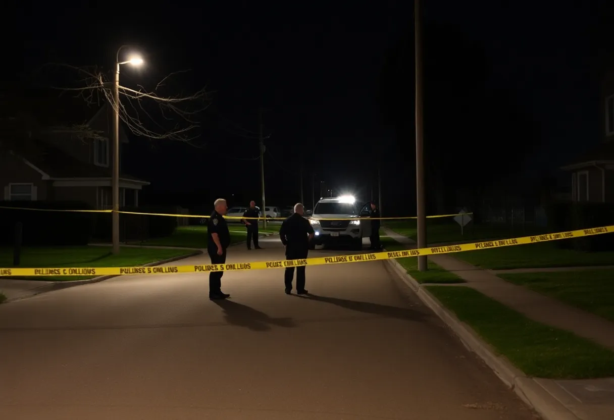 Police officers investigating a car at a crime scene.