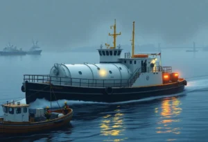 Emergency responders at the scene of a sewage transport boat explosion on the Hudson River.