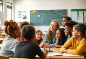 Students engaged in learning with a teacher in a classroom.