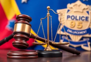 Symbolic representation of justice with gavel, scales, and police badge.