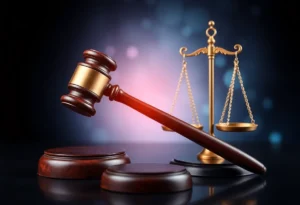 Abstract representation of justice and law enforcement with gavel and scales.