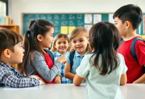 Children at a school engaged in positive interactions