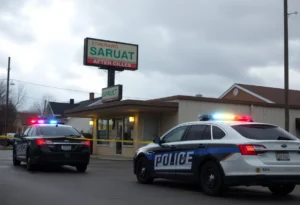 Police tape and squad cars at a Lancaster SC business shooting scene