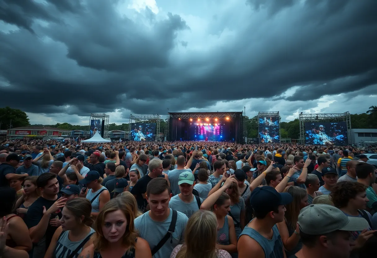 Crowds at Lovin' Life Music Fest during a storm evacuation