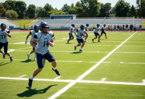 Football players practicing on the field at Lugoff-Elgin High School