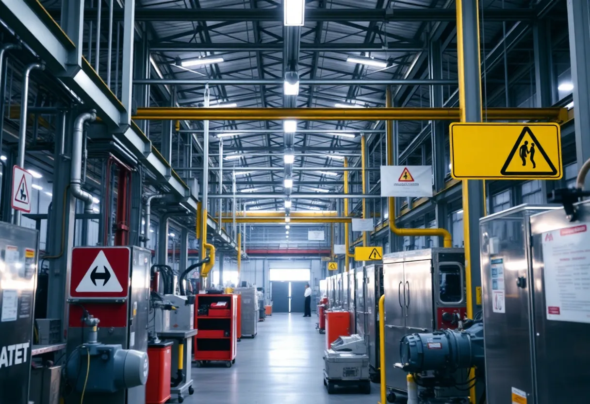 Interior view of a manufacturing plant focused on safety protocols.