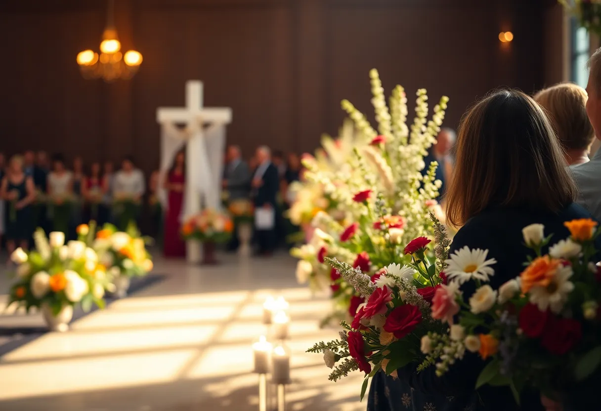 Memorial service setting with flowers and warm lighting