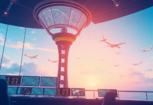 Futuristic air traffic control tower managing flight data.