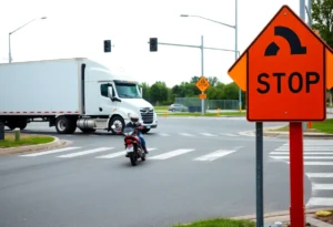 Intersection scene showing caution signs and indication of motorcycle safety.