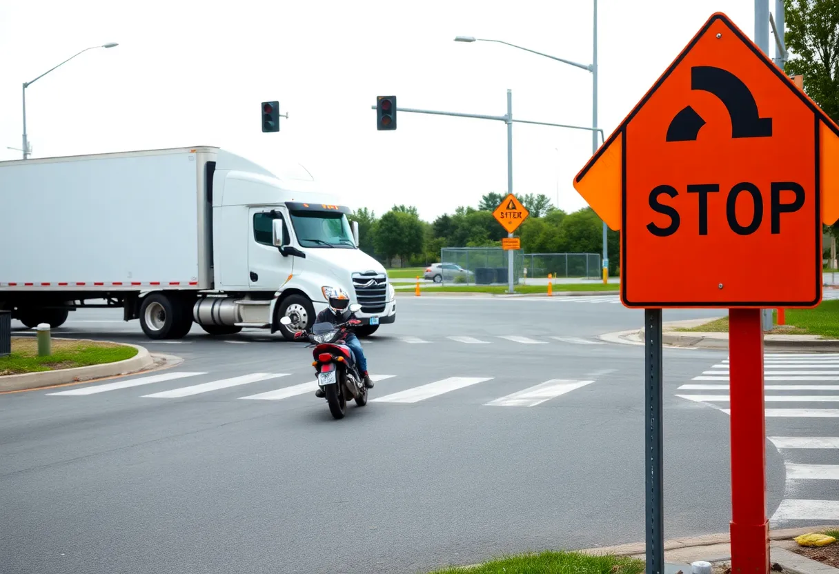 Intersection scene showing caution signs and indication of motorcycle safety.