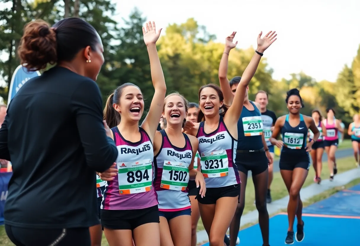 Celebration of NC State Women's Cross Country team after winning regional championship.