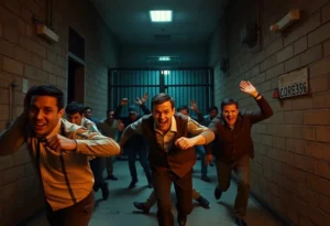 Dramatic scene of a jail break with escapees fleeing.