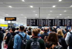 Passengers waiting at Newark Airport due to flight cancellations