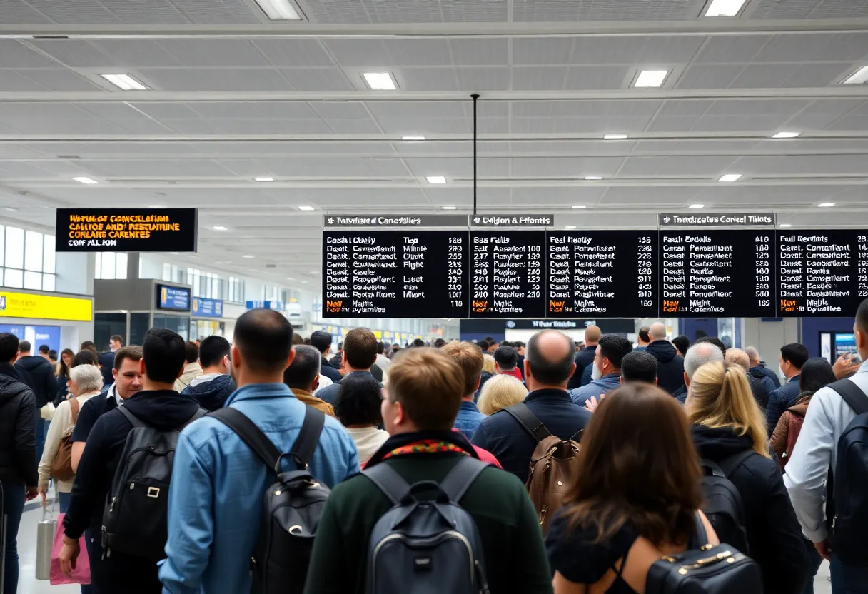 Passengers waiting at Newark Airport due to flight cancellations