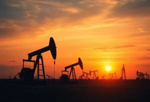 Oil drilling rigs at sunset