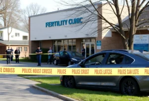Scene of the bombing at the Palm Springs fertility clinic with debris and emergency personnel.