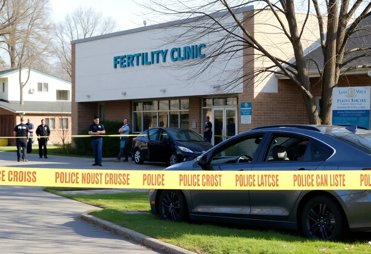 Scene of the bombing at the Palm Springs fertility clinic with debris and emergency personnel.