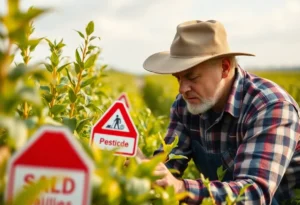 Farmer assessing crop health amid pesticide concerns